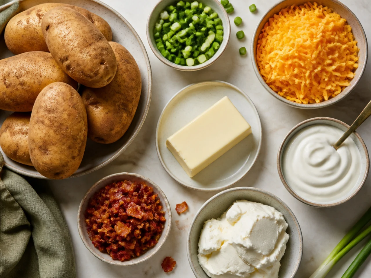 Fresh ingredients for twice baked potatoes arranged in bowls