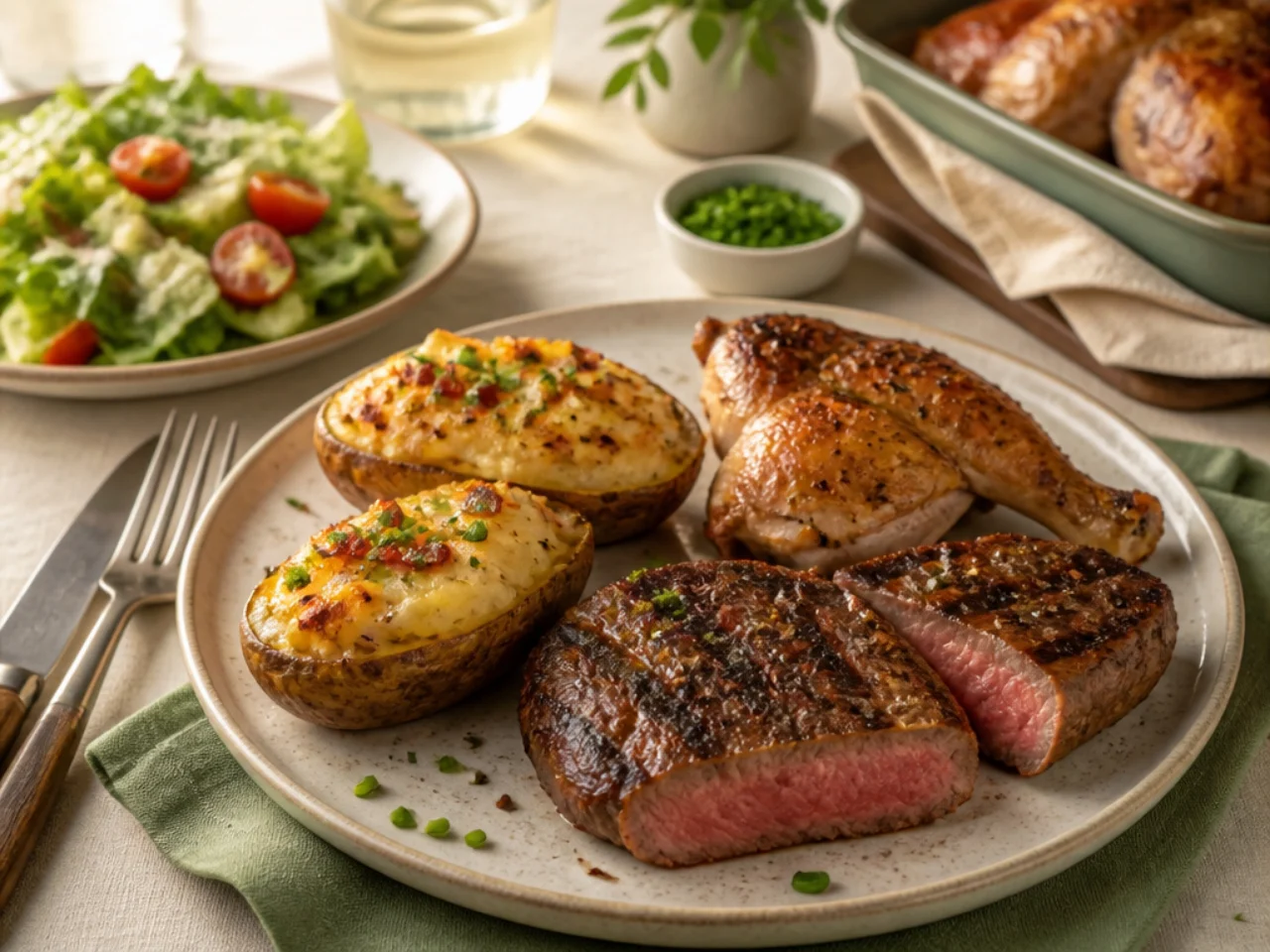 twice baked potatoes served with juicy roast chicken, grilled steak and a crisp green salad