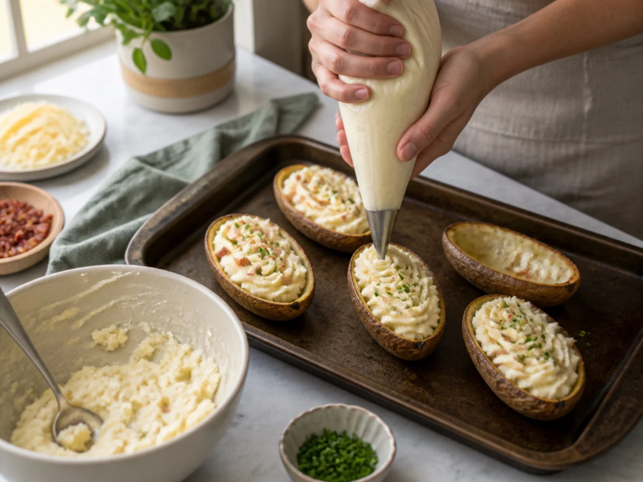 Step-by-step process shot for twice baked potatoes