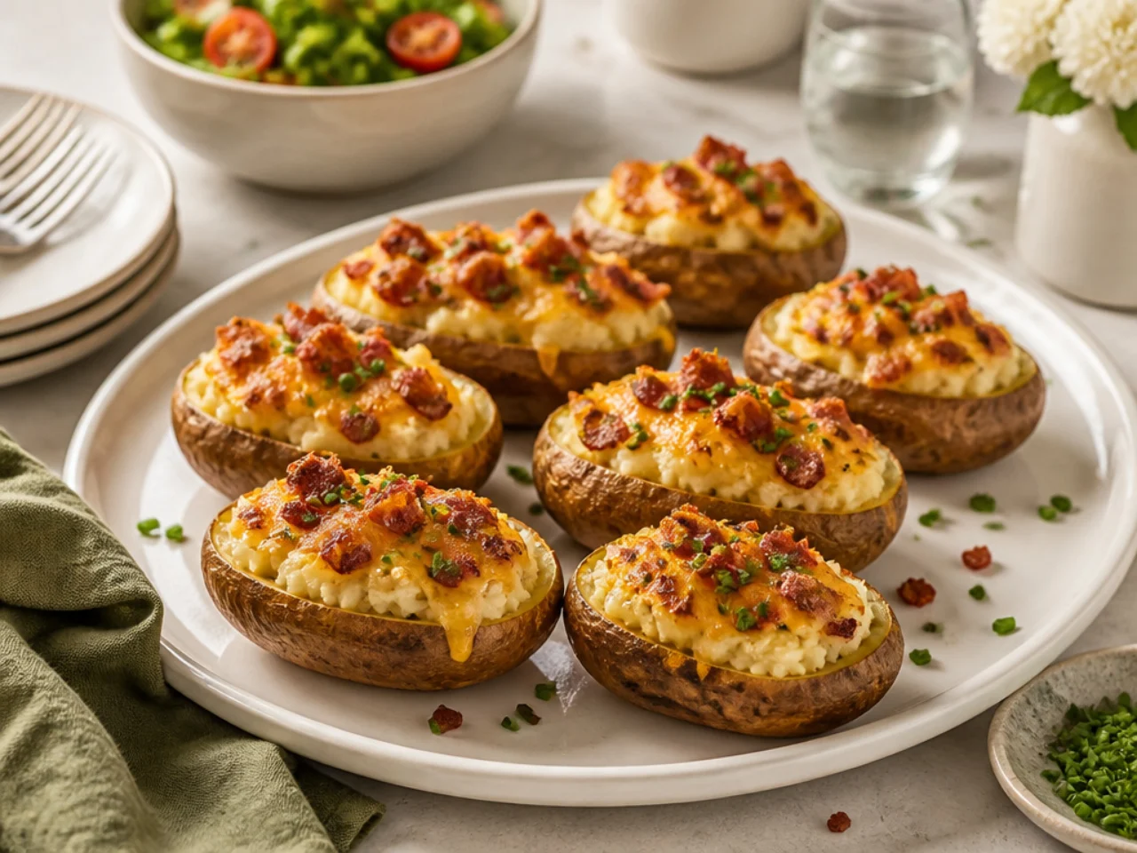 twice baked potatoes served family-style on a cozy table