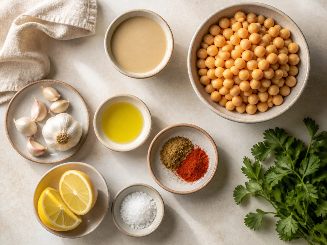 Fresh ingredients for hummus arranged in bowls