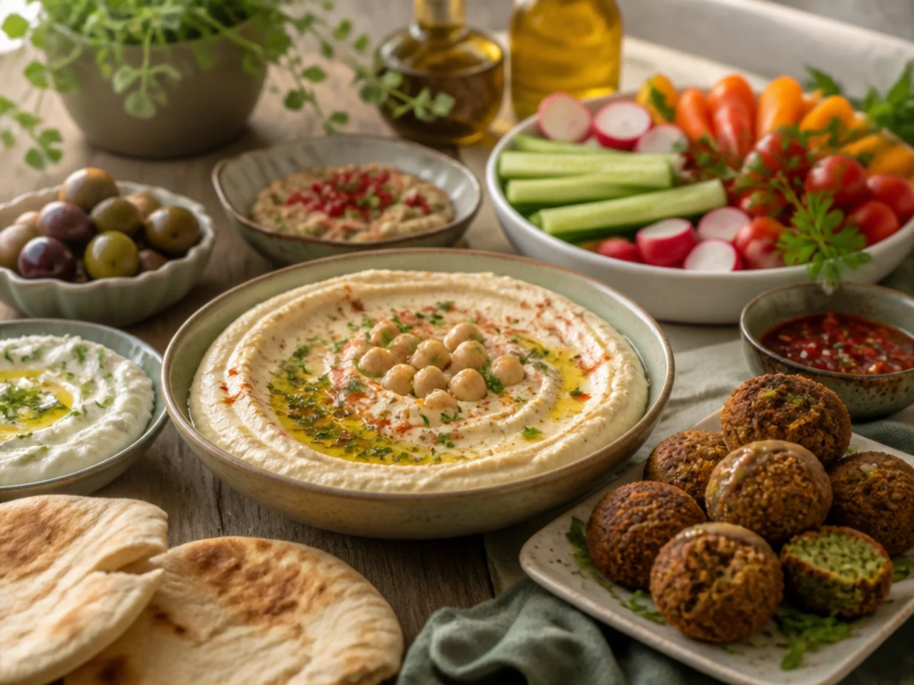 hummus served with warm pita, crunchy vegetables, falafel and a mezze platter