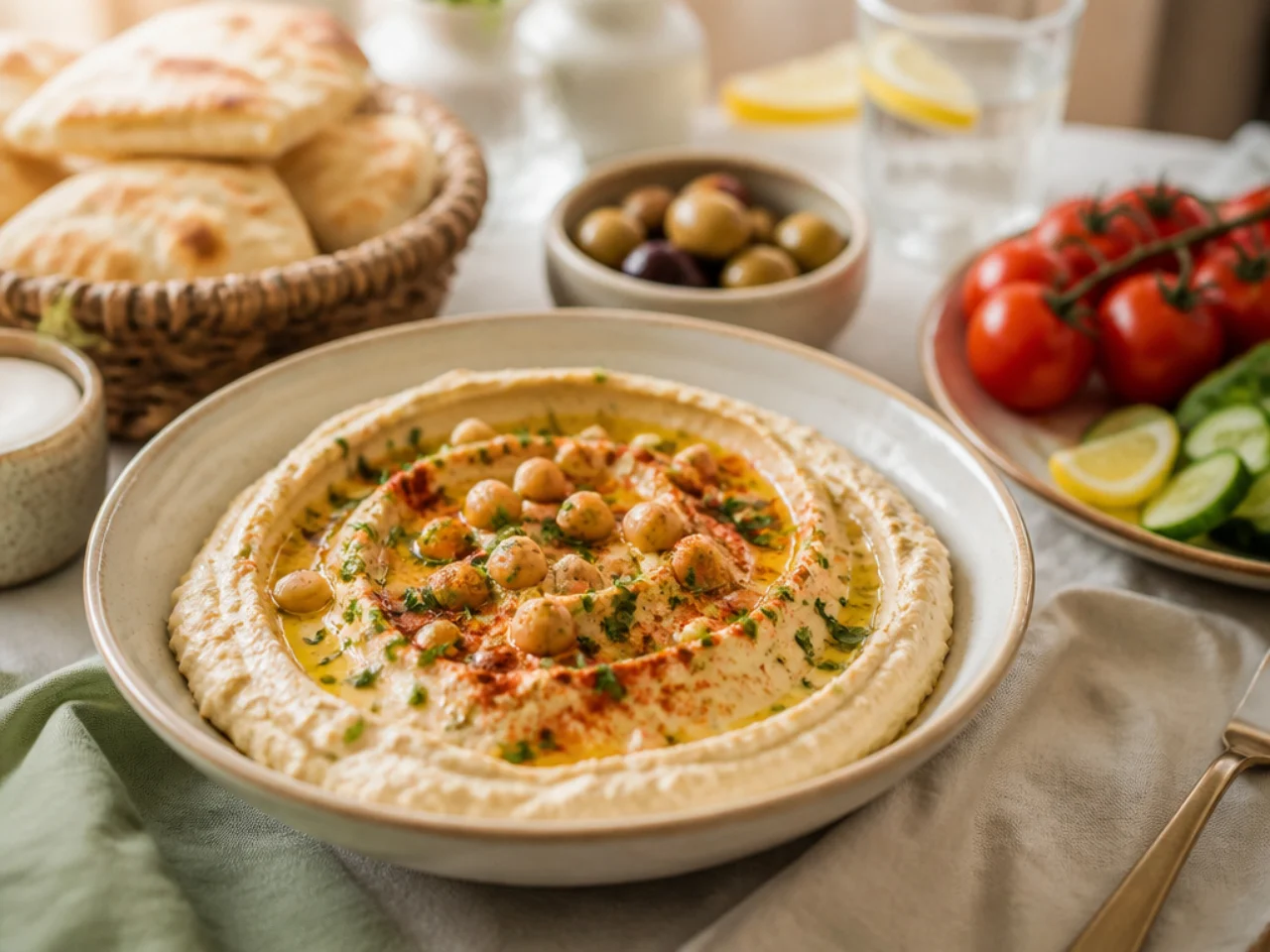 hummus served family-style on a cozy table