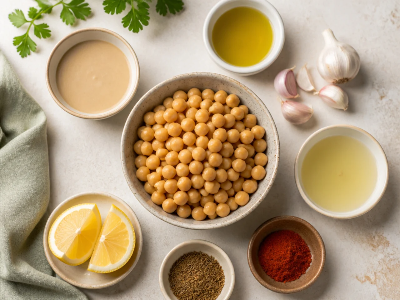 Fresh ingredients for hummus arranged in bowls