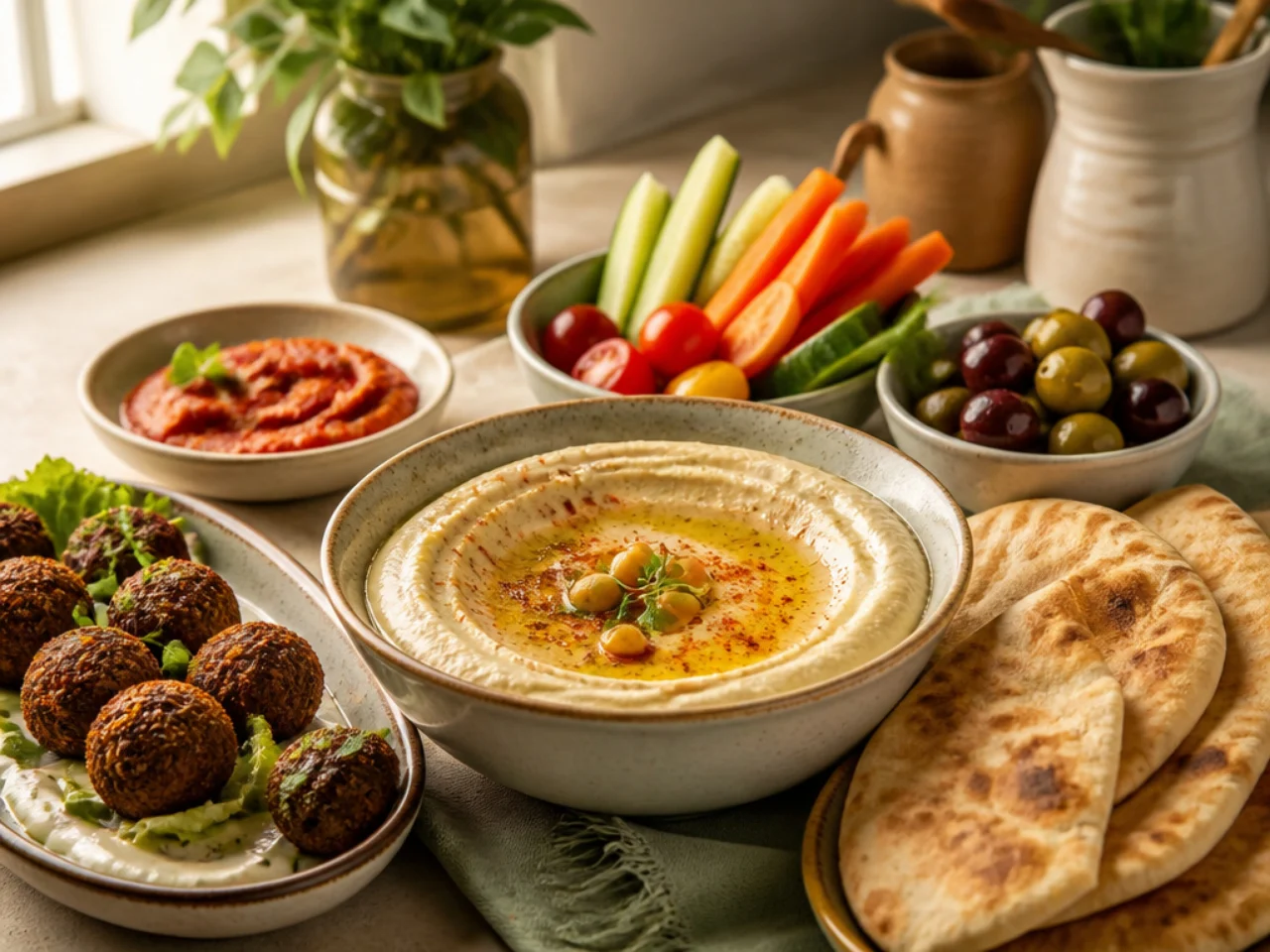 hummus served with warm pita, crunchy vegetables, falafel and a mezze platter