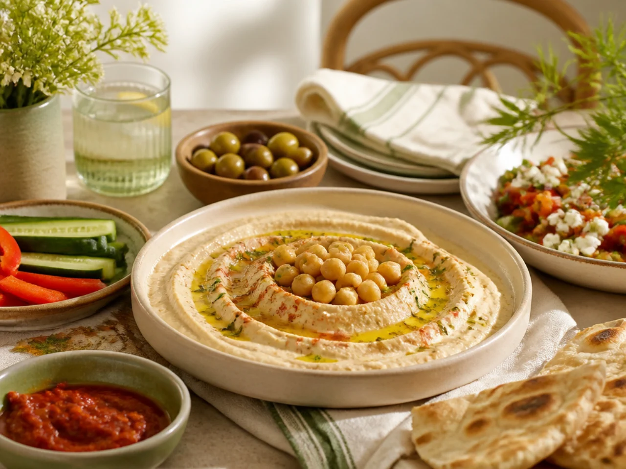 hummus served family-style on a cozy table