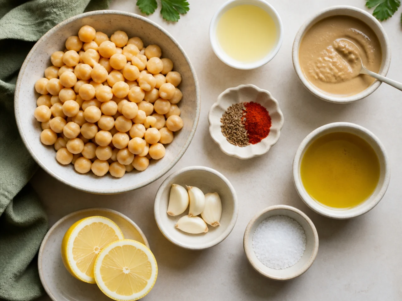 Fresh ingredients for hummus arranged in bowls