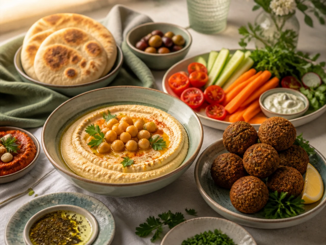 hummus served with warm pita, crunchy vegetables, falafel and a mezze platter