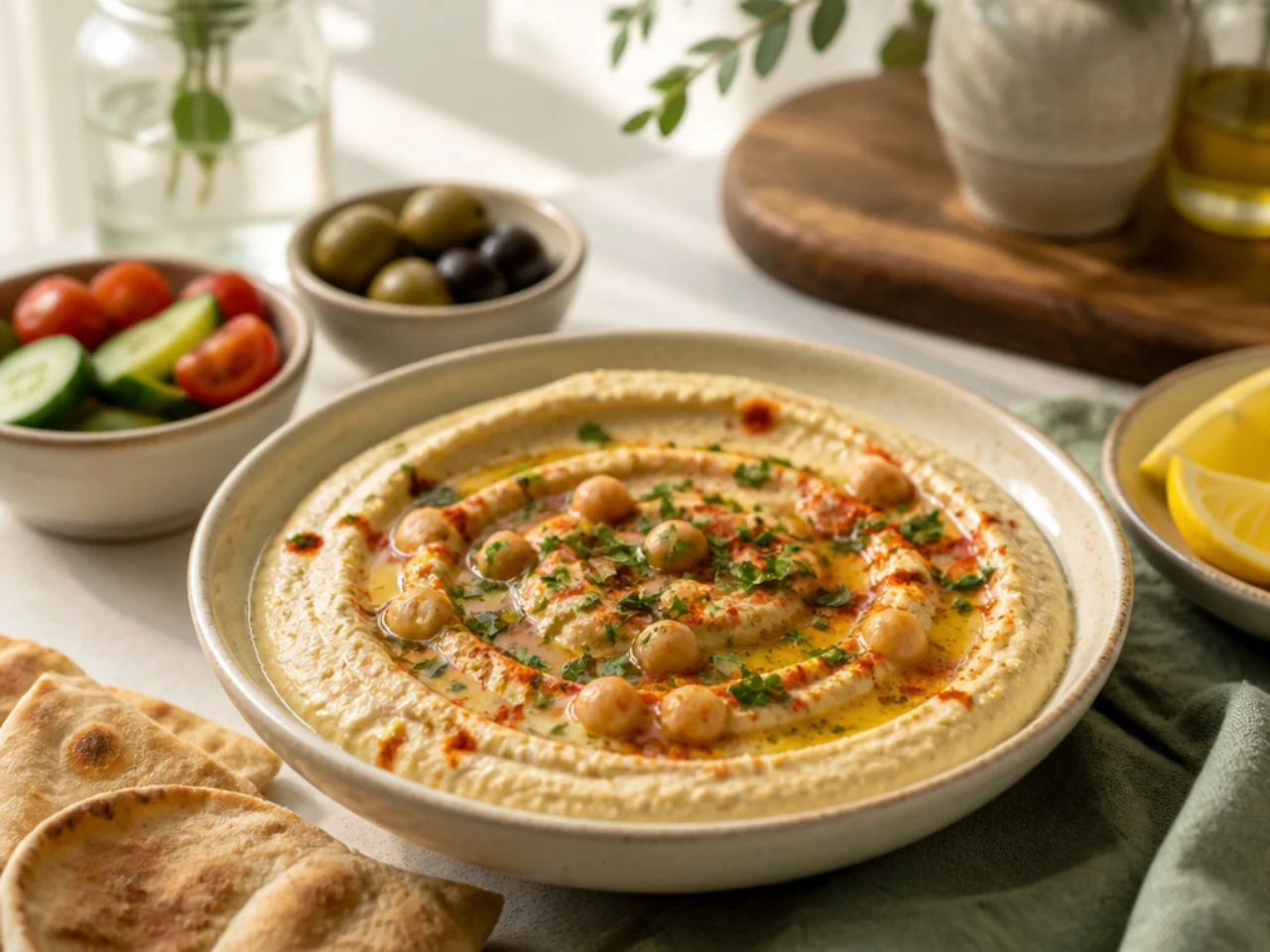 hummus served family-style on a cozy table