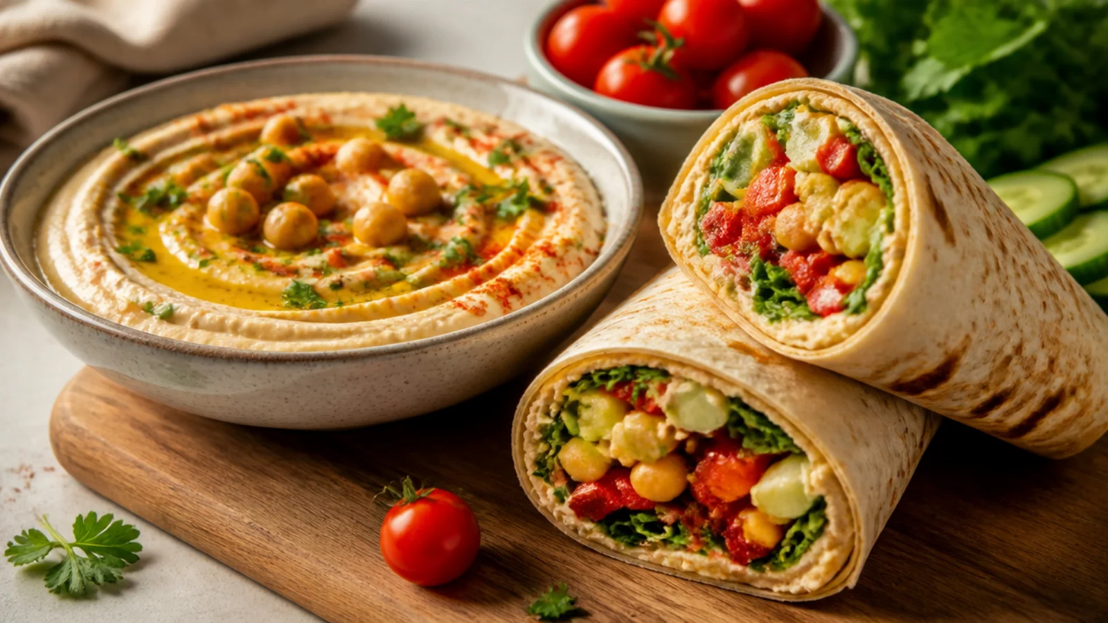 Hummus Wrap Recipes for Easy Lunches — hummus plated and ready to serve
