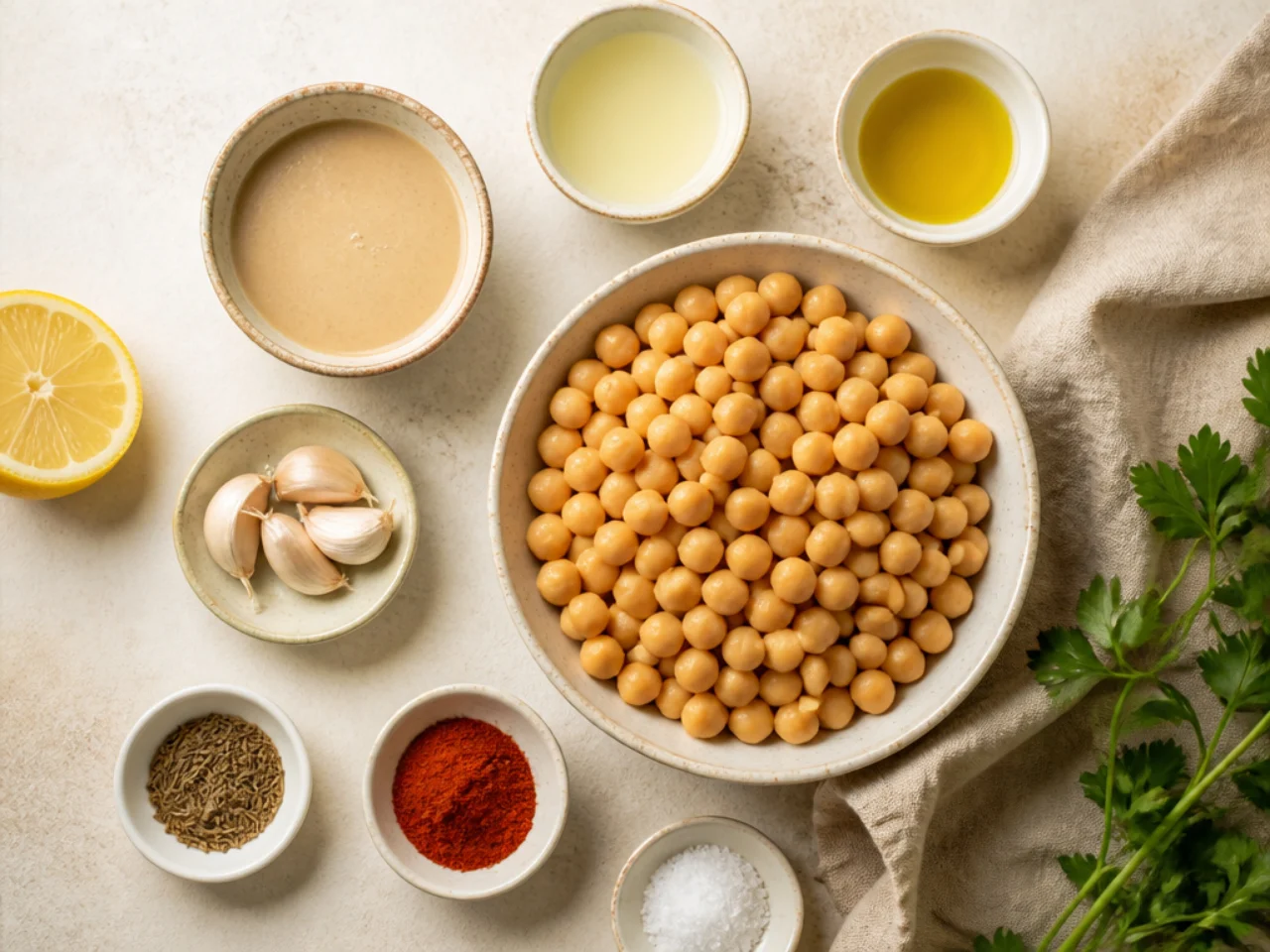Fresh ingredients for hummus arranged in bowls