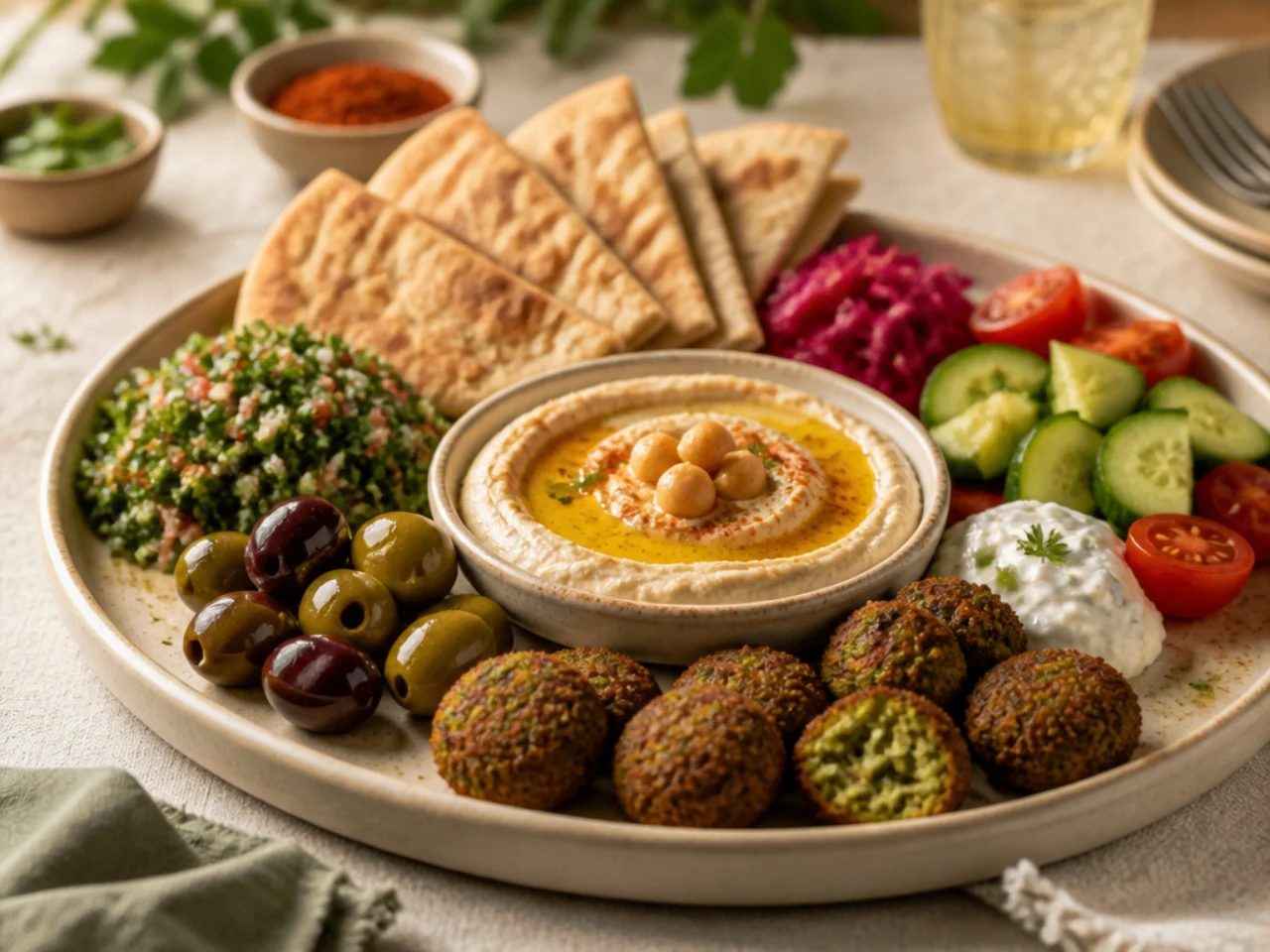hummus served with warm pita, crunchy vegetables, falafel and a mezze platter