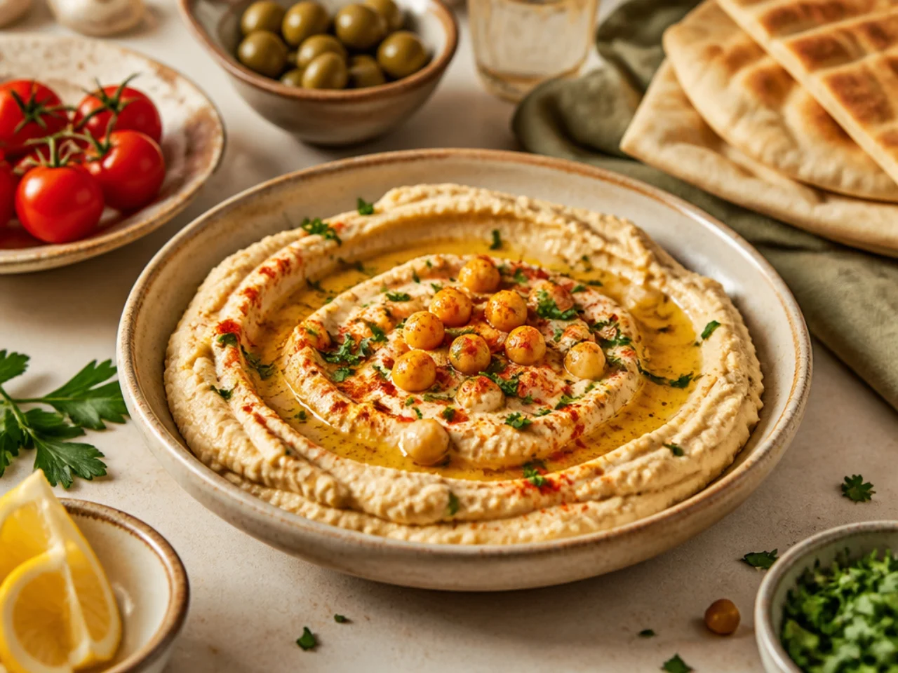 hummus served family-style on a cozy table