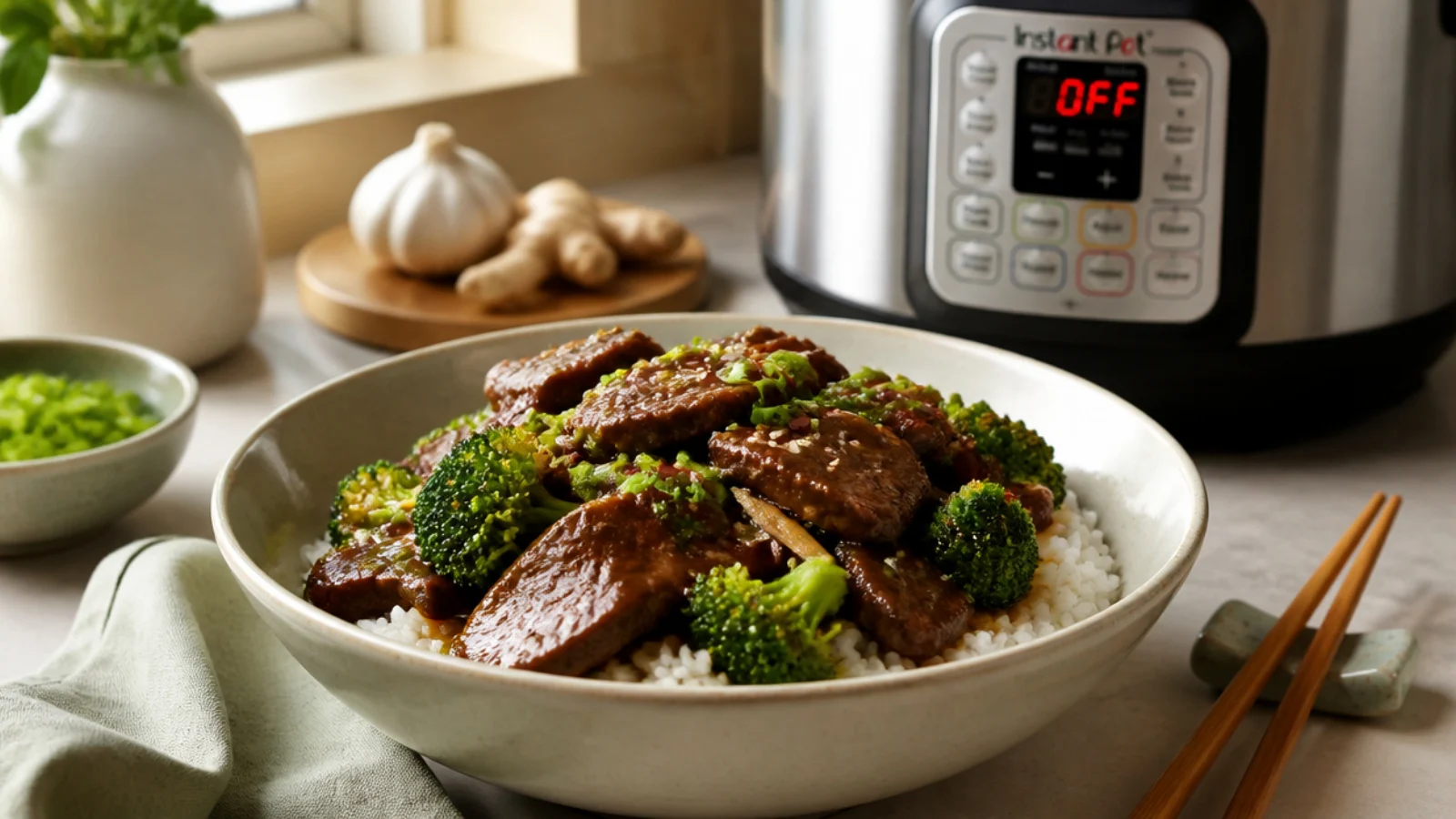 Instant Pot Beef and Broccoli Tips Worth Bookmarking — beef and broccoli plated and ready to serve