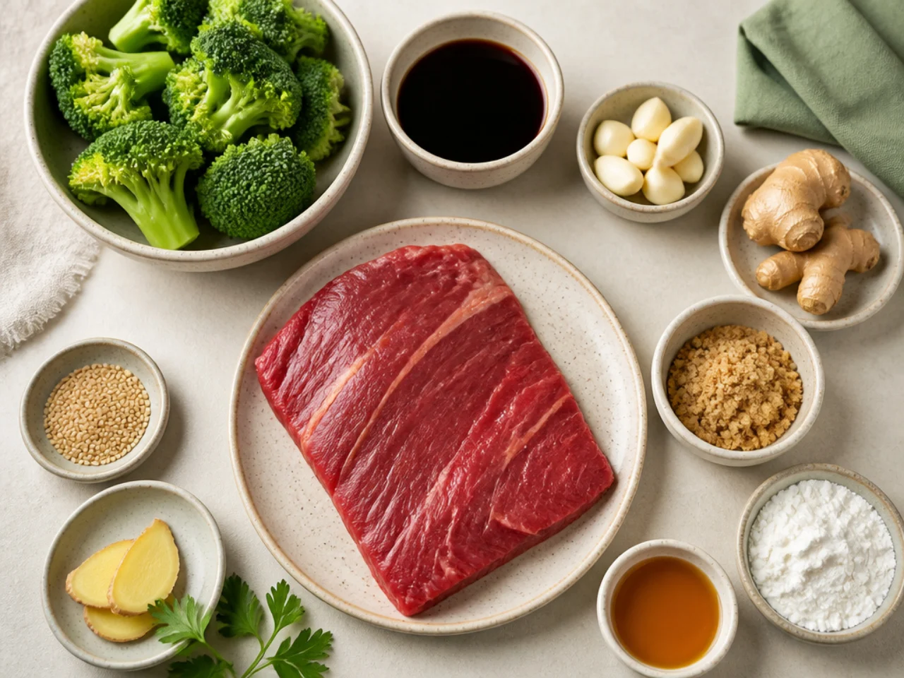 Fresh ingredients for beef and broccoli arranged in bowls