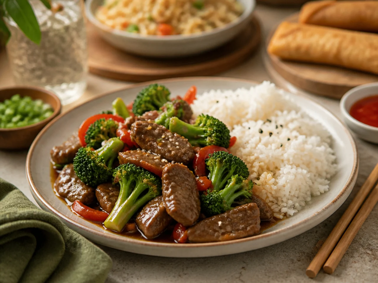 beef and broccoli served with steamed jasmine rice, fried rice, lo mein or egg rolls