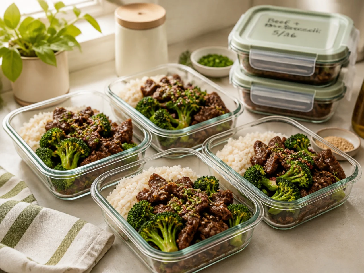 Make-ahead storage of beef and broccoli in containers