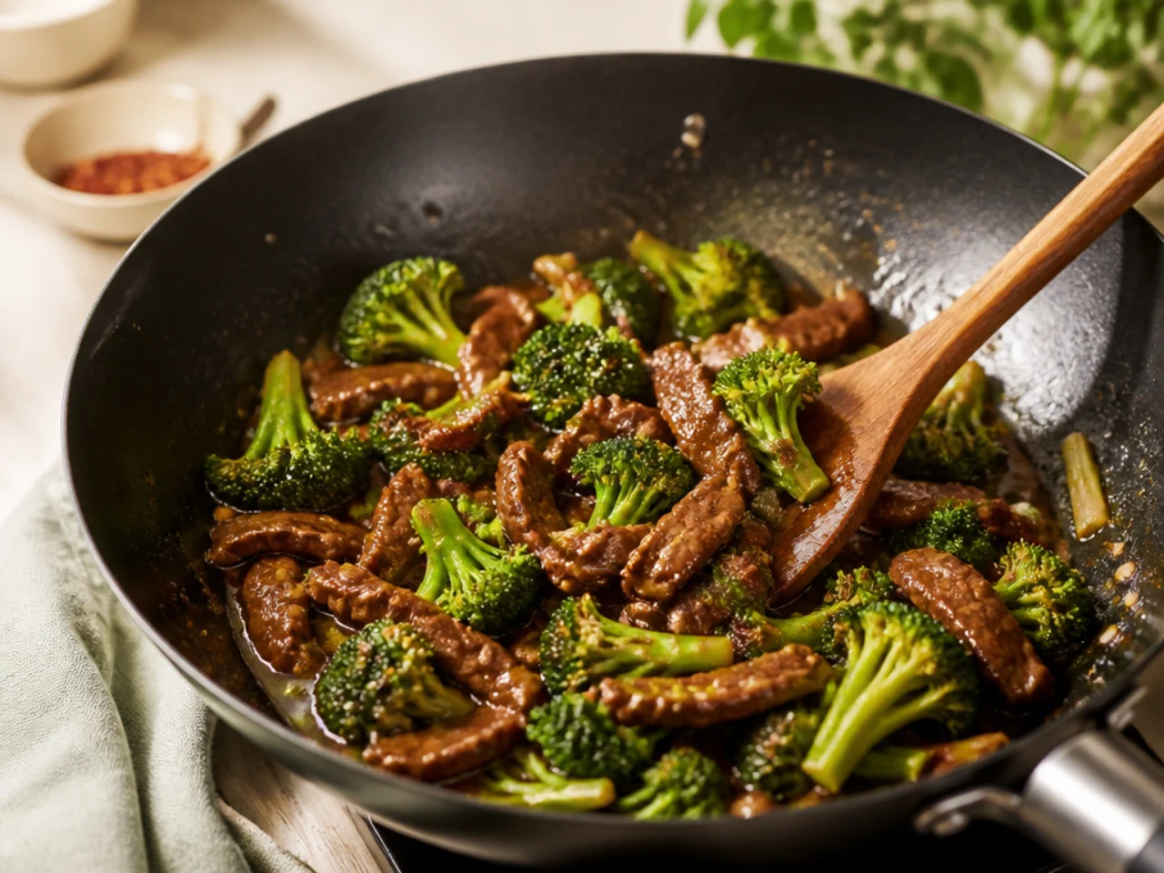 Step-by-step process shot for beef and broccoli