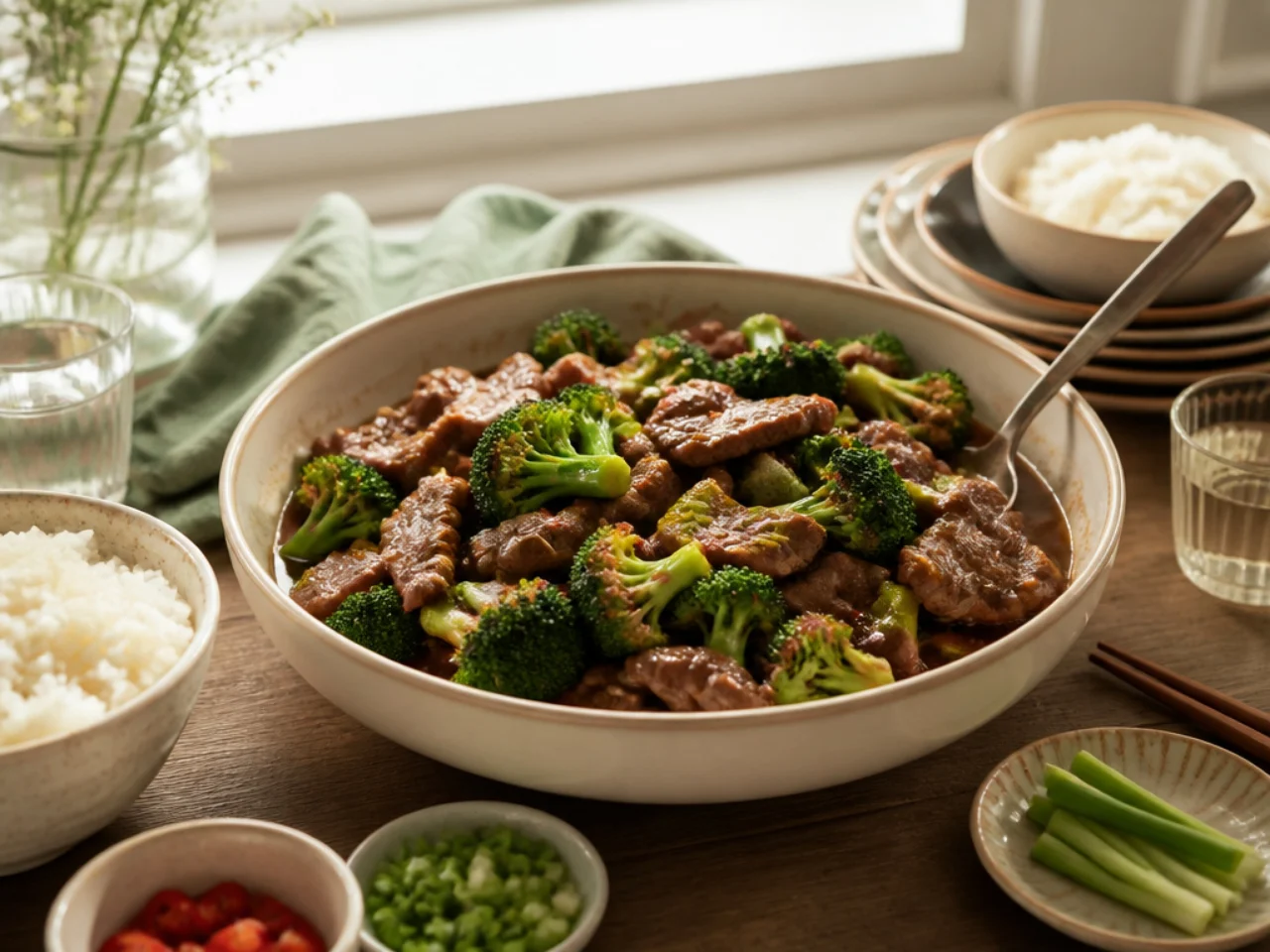 beef and broccoli served family-style on a cozy table