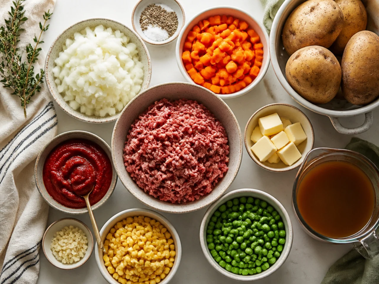 Fresh ingredients for shepherd's pie arranged in bowls