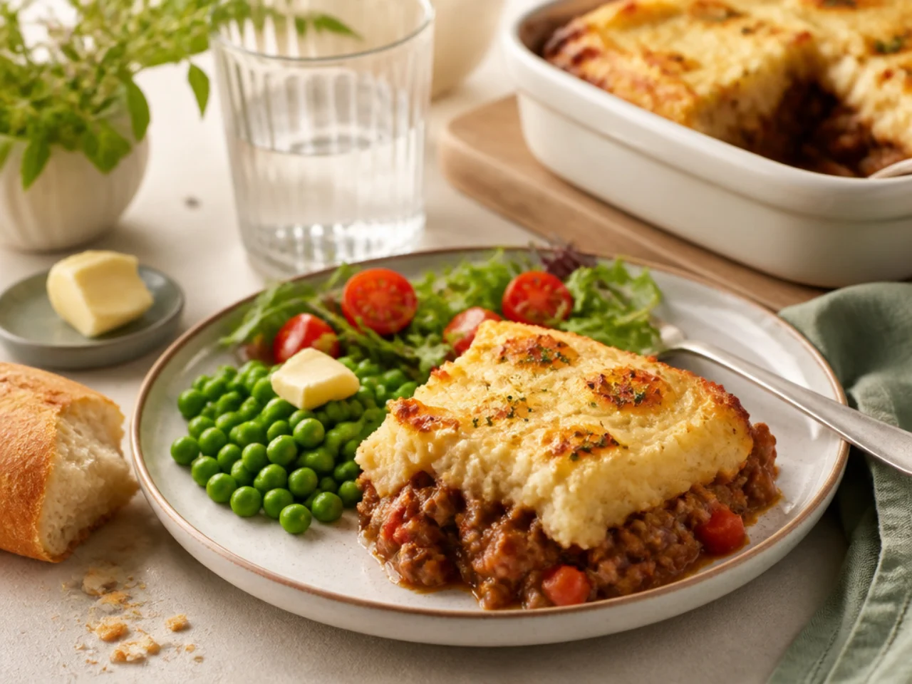 shepherd's pie served with crusty bread, buttered peas and a simple side salad