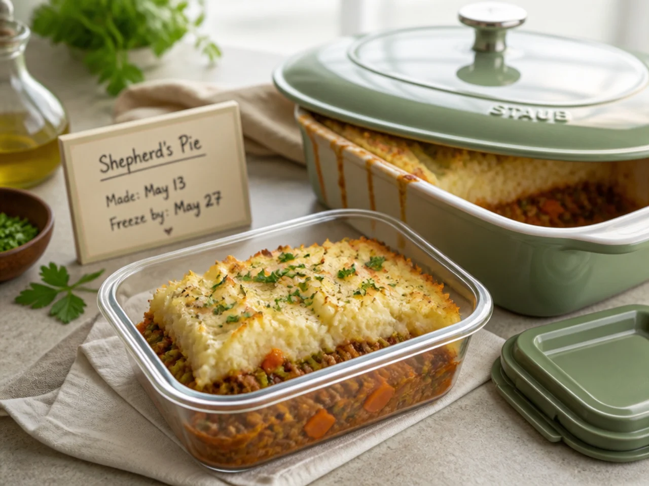 Make-ahead storage of shepherd's pie in containers