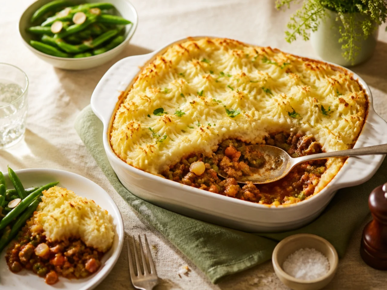 shepherd's pie served family-style on a cozy table