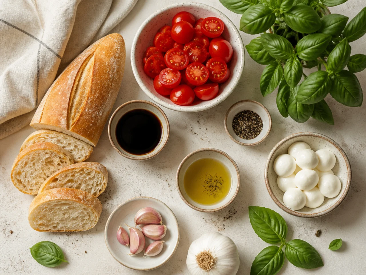 Fresh ingredients for bruschetta arranged in bowls