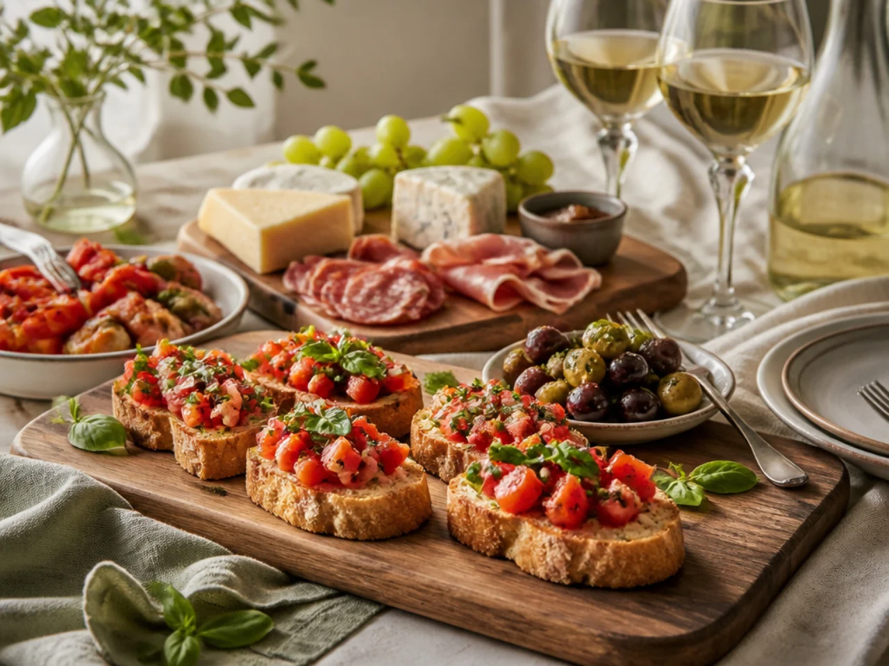 bruschetta served with a cheese board, marinated olives, antipasto and chilled white wine