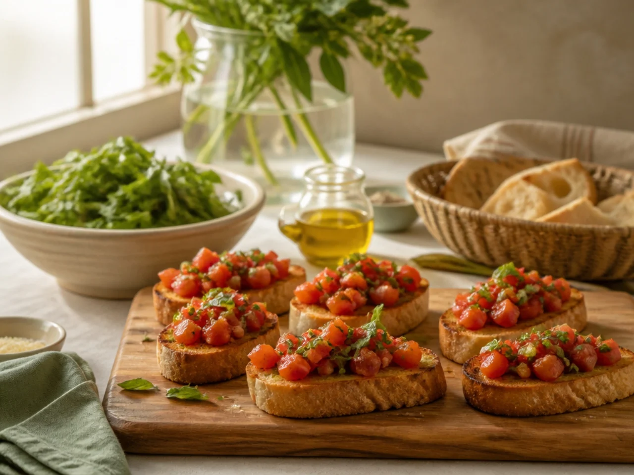 bruschetta served family-style on a cozy table
