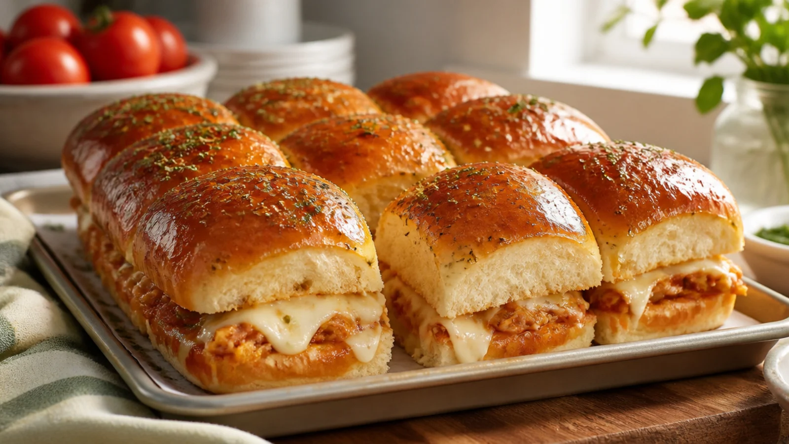 Italian Hawaiian Roll Sliders Piled High — Hawaiian roll sliders plated and ready to serve
