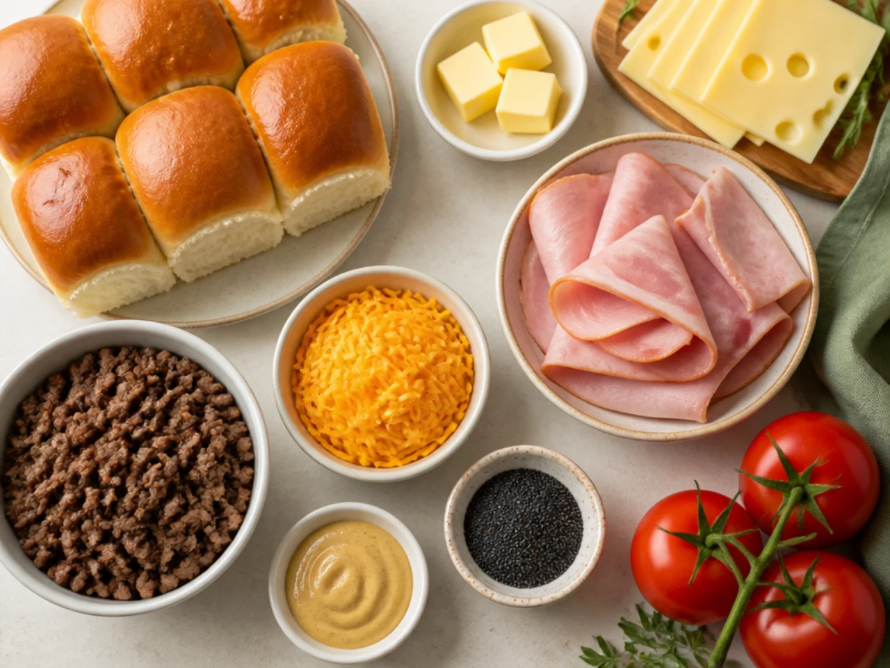 Fresh ingredients for Hawaiian roll sliders arranged in bowls
