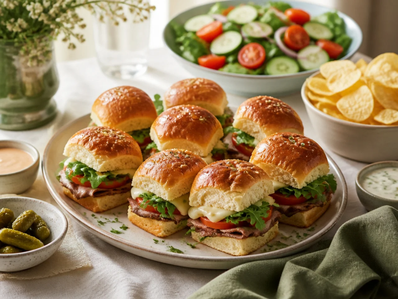 Hawaiian roll sliders served with potato chips, a crisp salad, pickles and dipping sauces