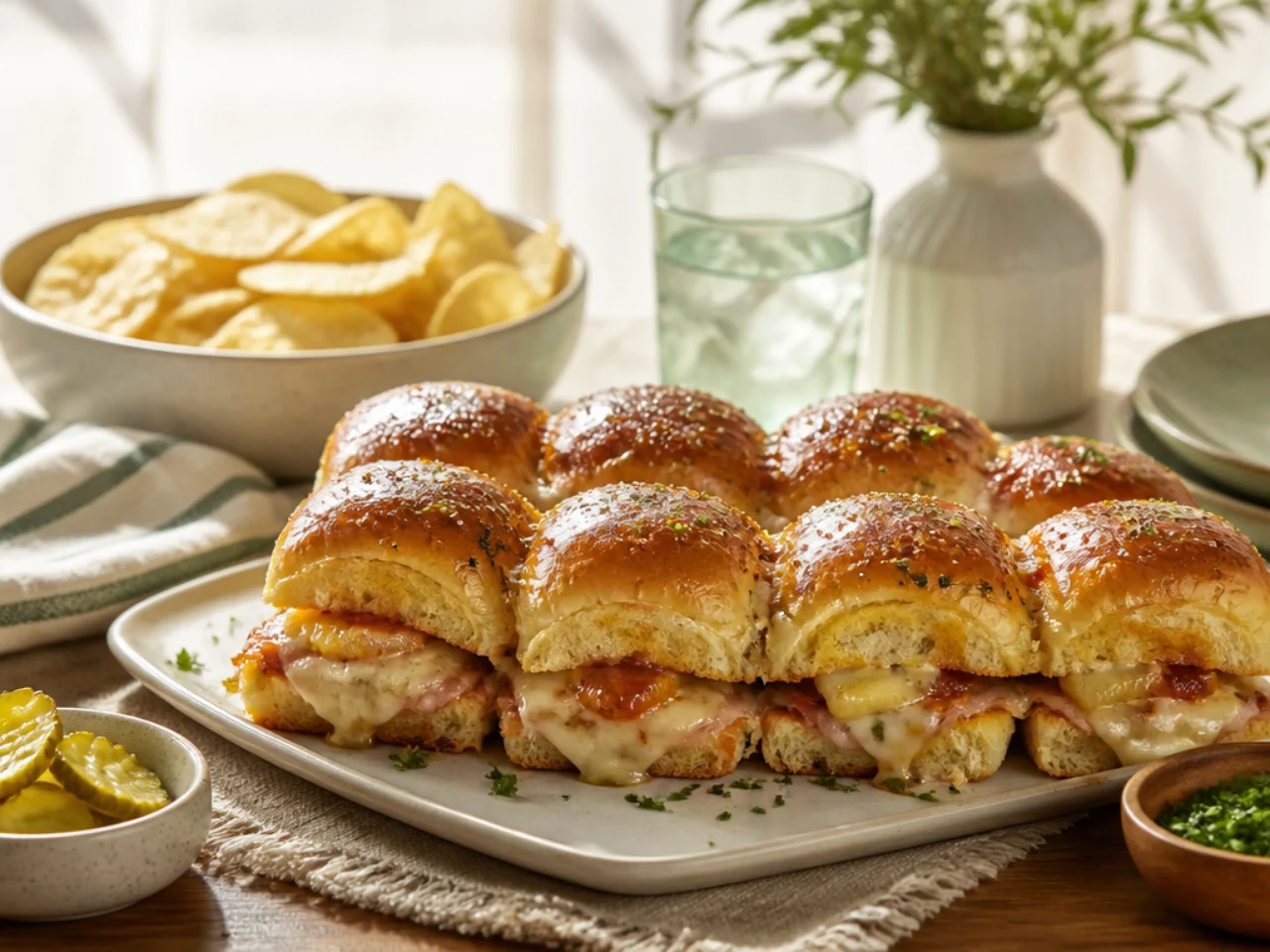 Hawaiian roll sliders served family-style on a cozy table