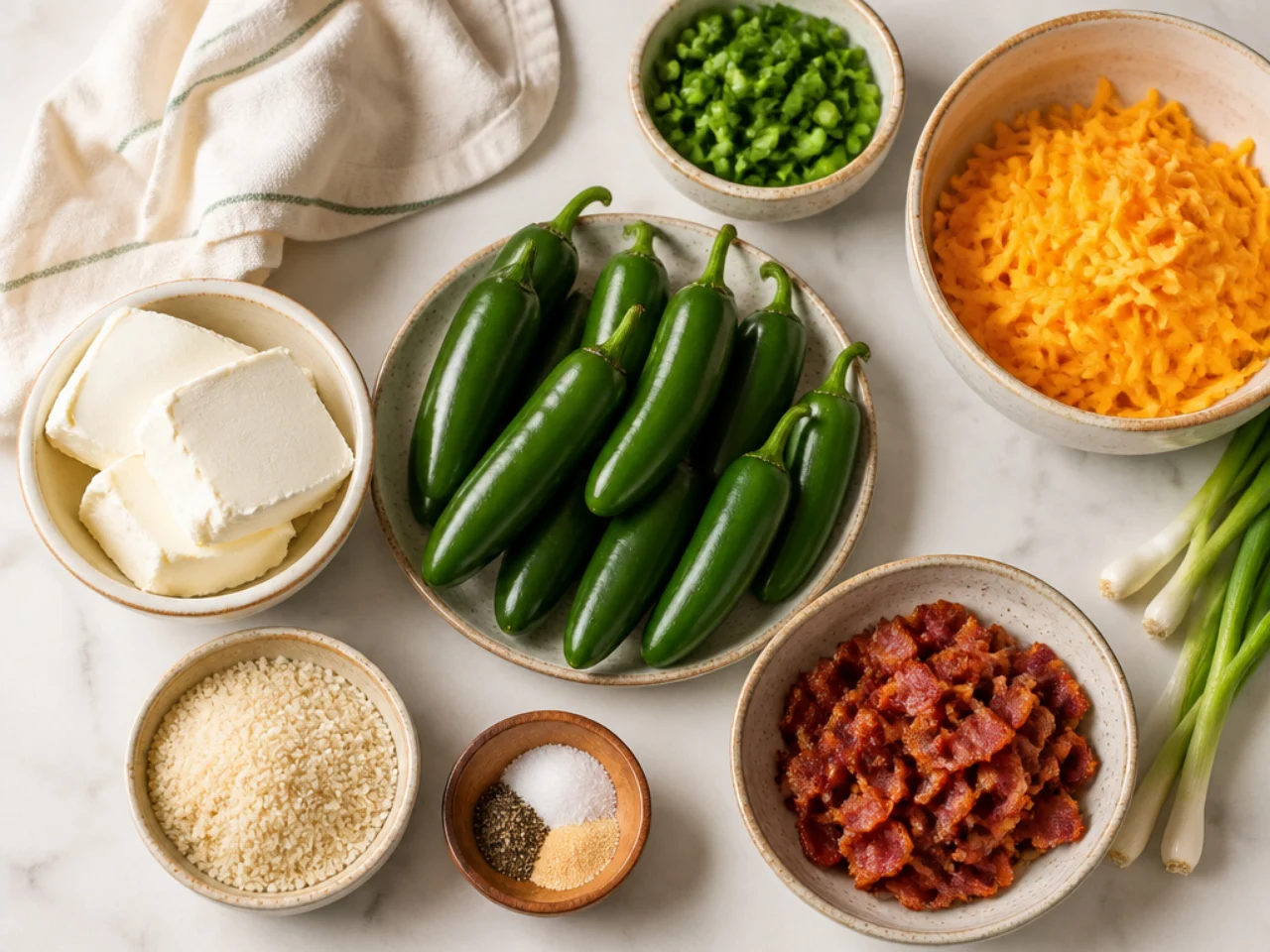 Fresh ingredients for jalapeno poppers arranged in bowls