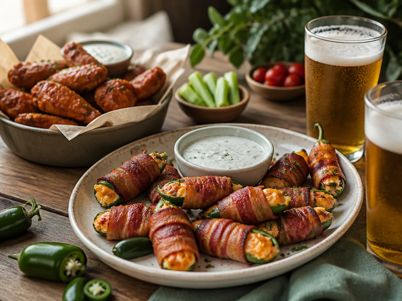 jalapeno poppers served with cool ranch or blue cheese dip, wings and cold drinks
