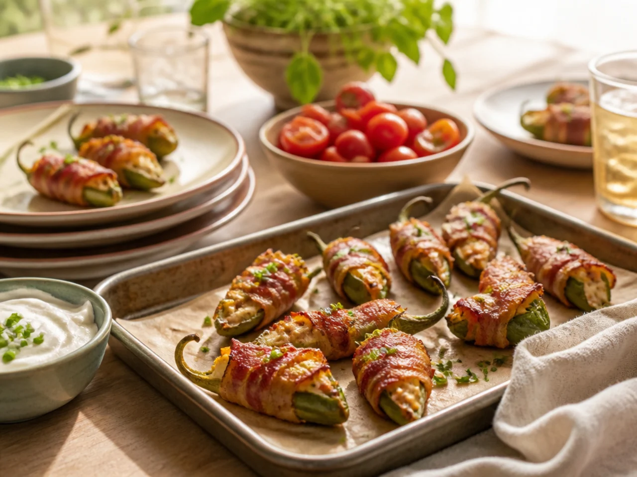 jalapeno poppers served family-style on a cozy table