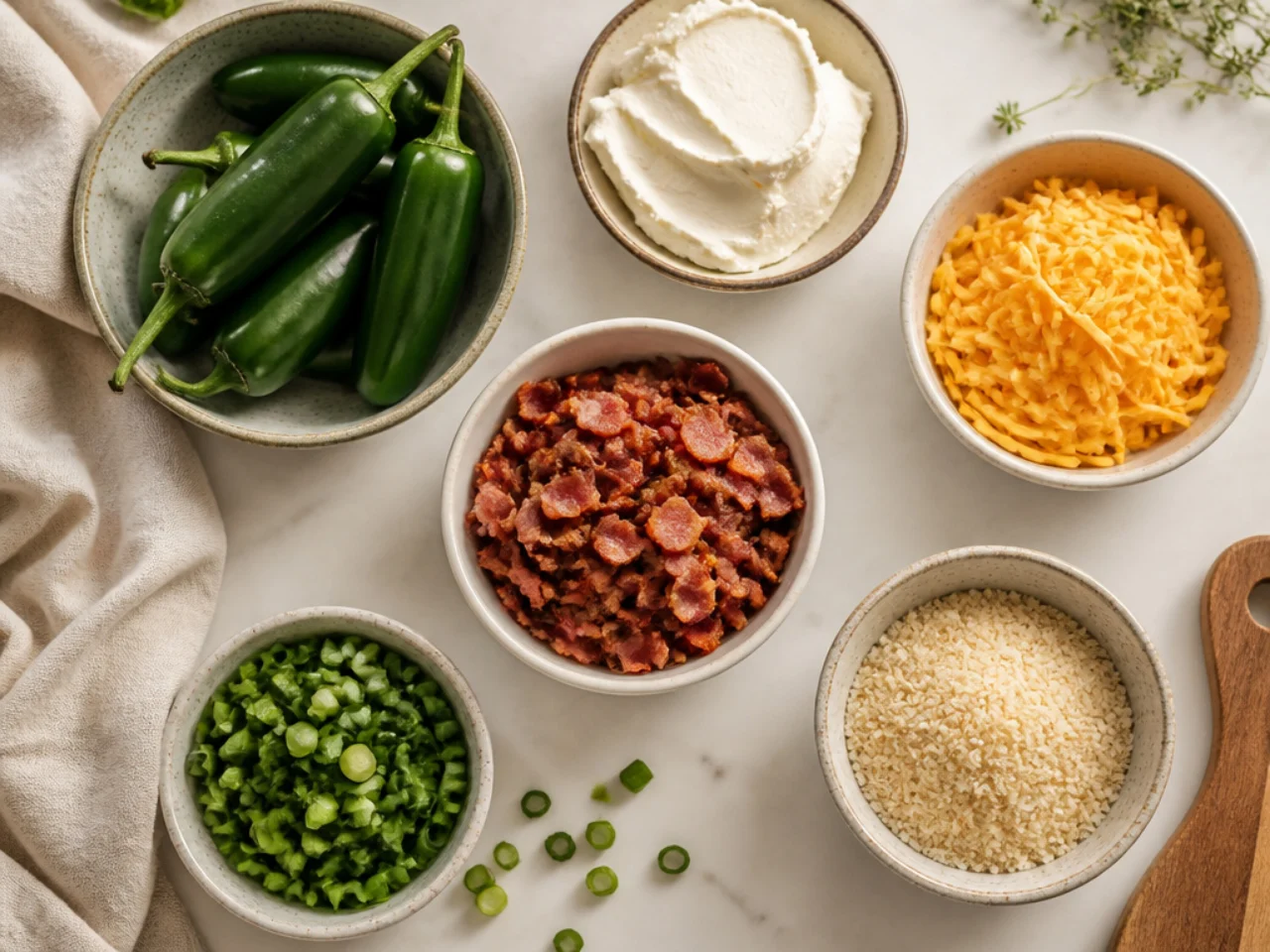 Fresh ingredients for jalapeno poppers arranged in bowls