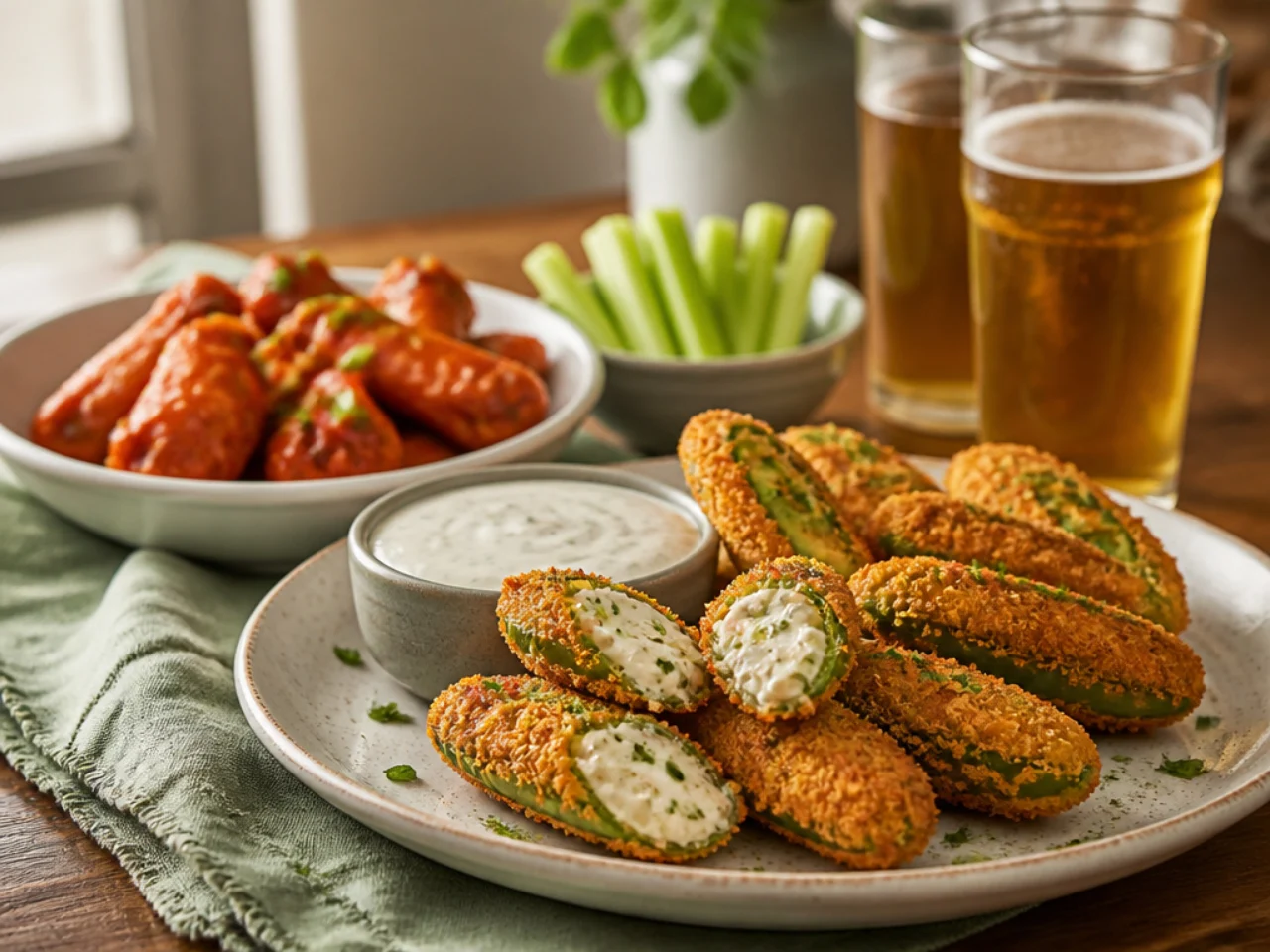 jalapeno poppers served with cool ranch or blue cheese dip, wings and cold drinks