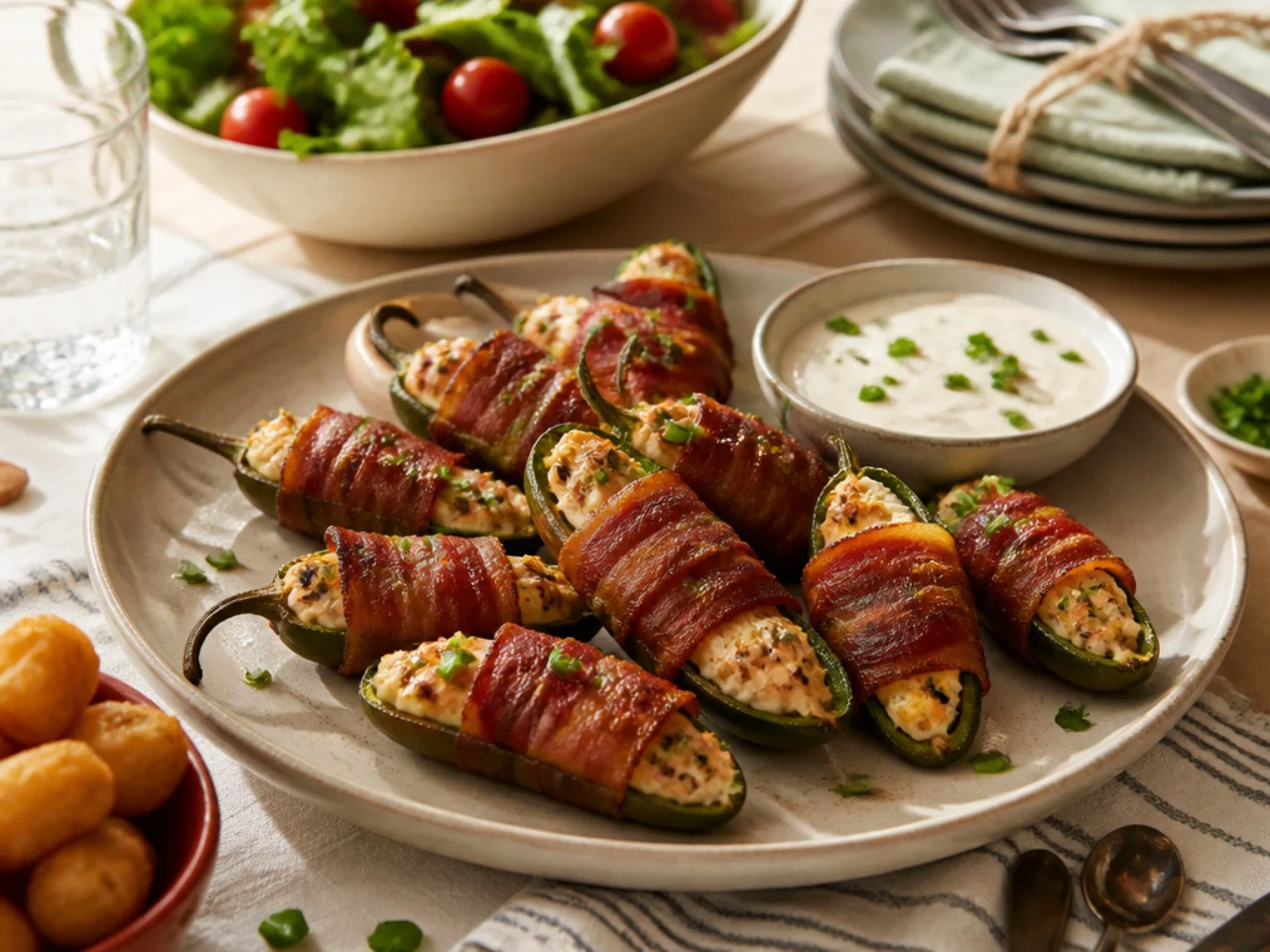 jalapeno poppers served family-style on a cozy table