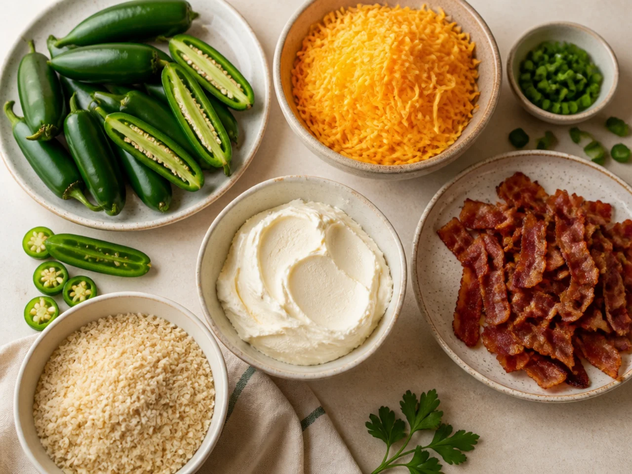 Fresh ingredients for jalapeno poppers arranged in bowls