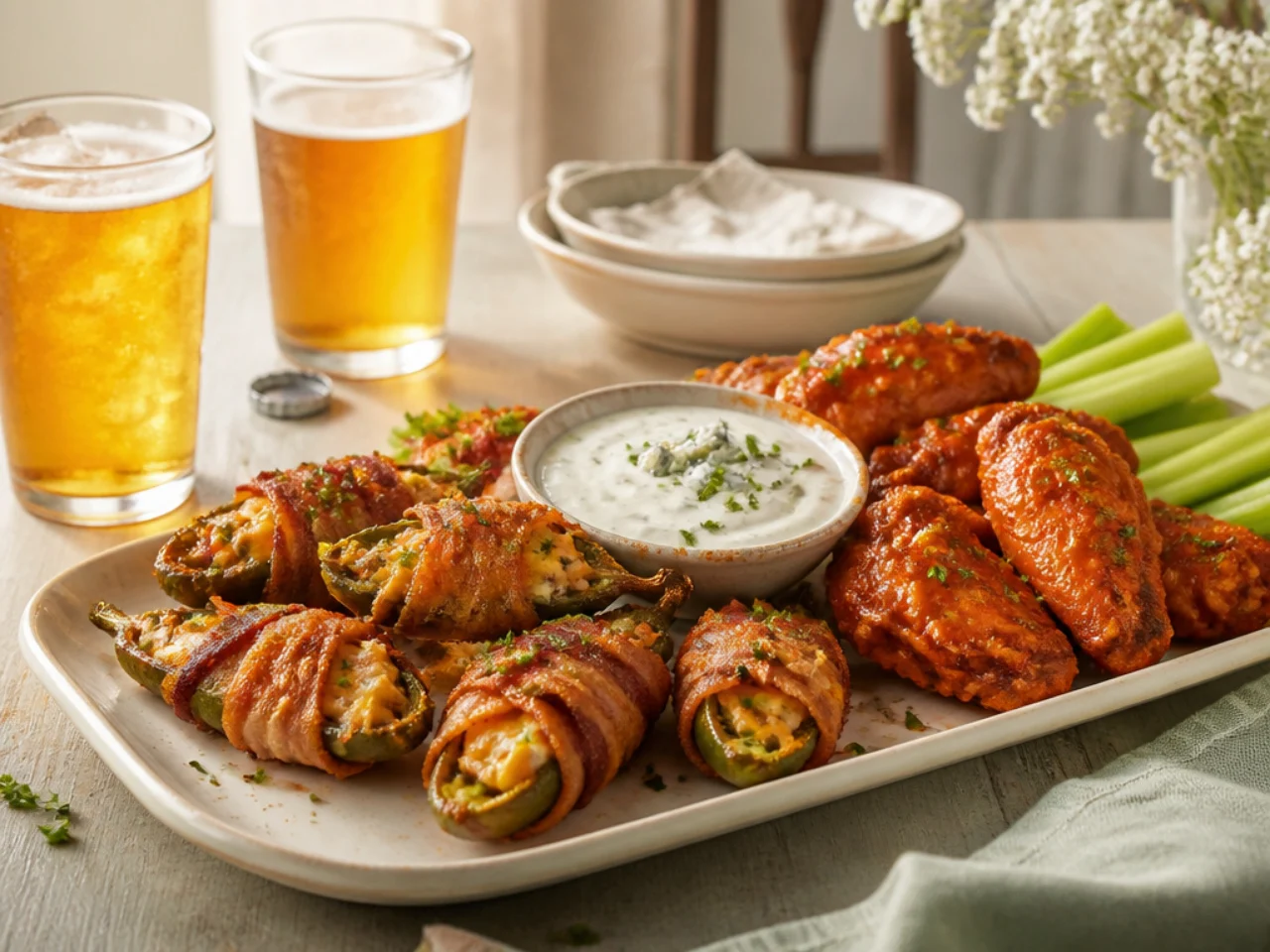 jalapeno poppers served with cool ranch or blue cheese dip, wings and cold drinks