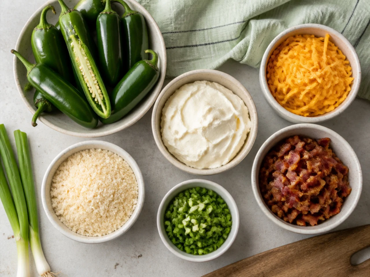 Fresh ingredients for jalapeno poppers arranged in bowls