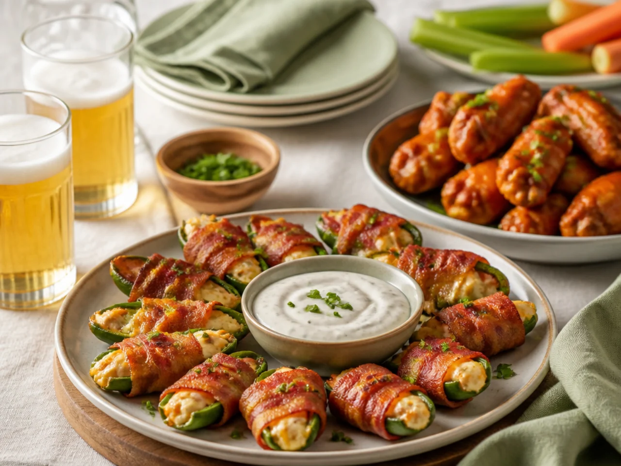 jalapeno poppers served with cool ranch or blue cheese dip, wings and cold drinks