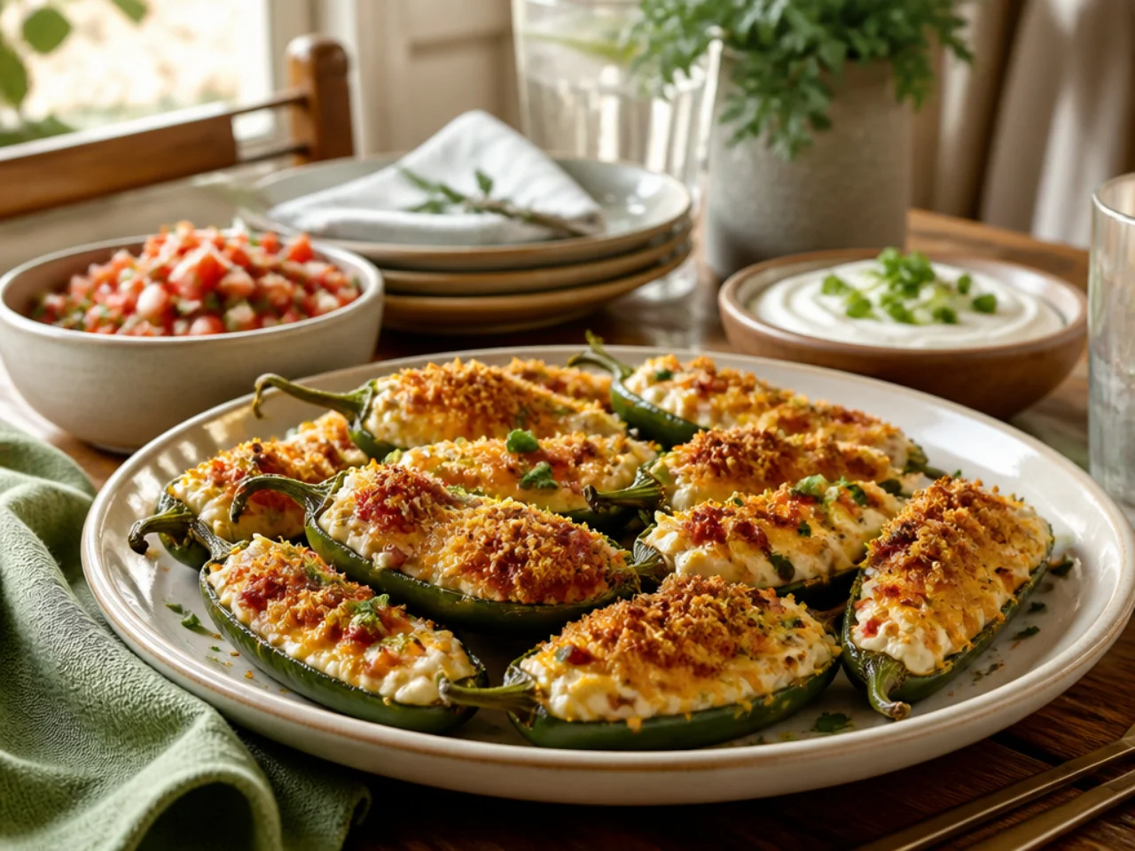 jalapeno poppers served family-style on a cozy table