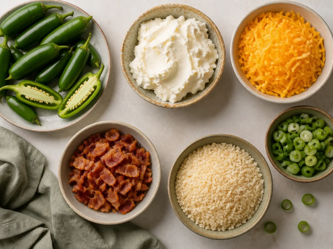 Fresh ingredients for jalapeno poppers arranged in bowls