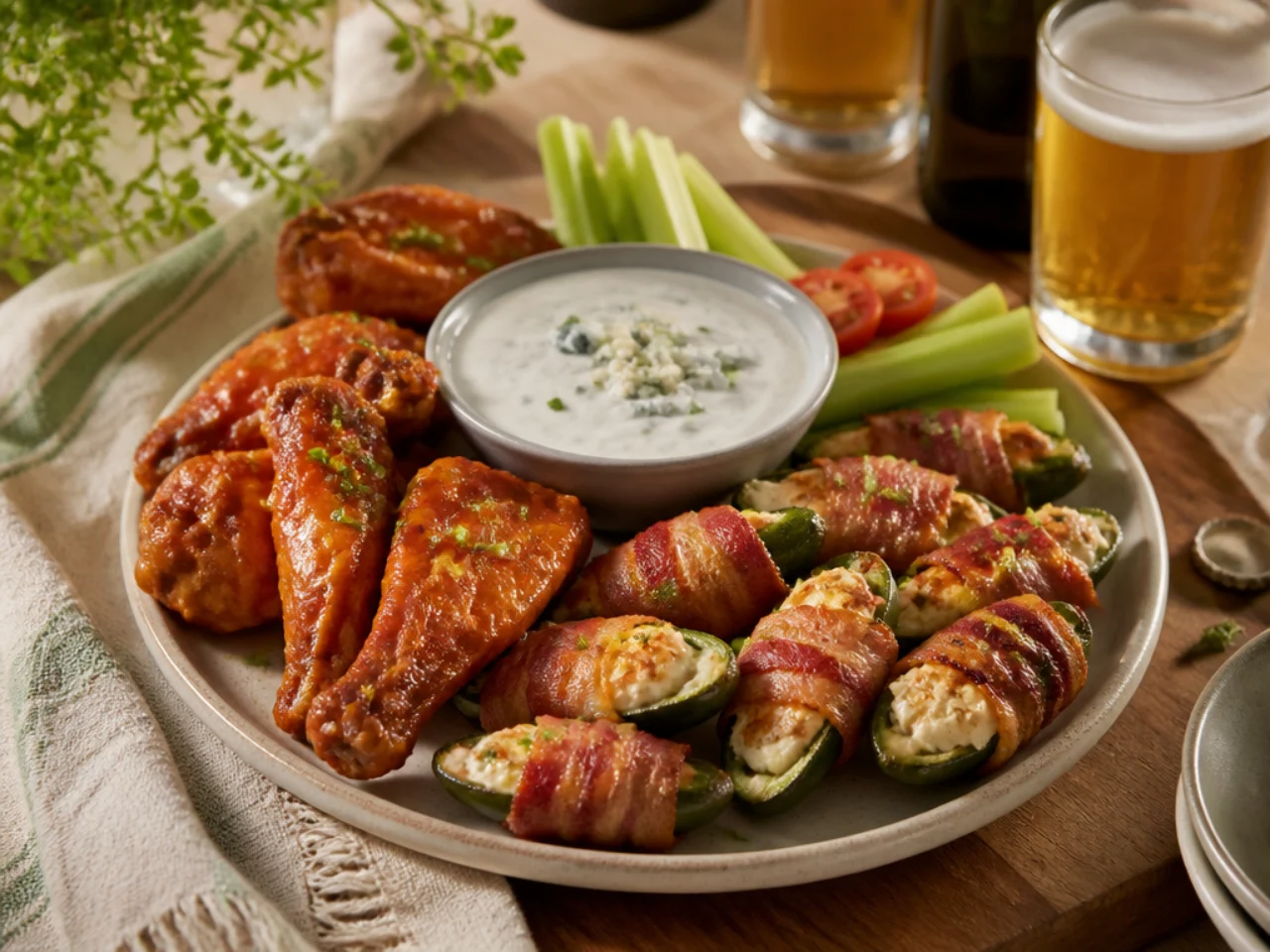 jalapeno poppers served with cool ranch or blue cheese dip, wings and cold drinks