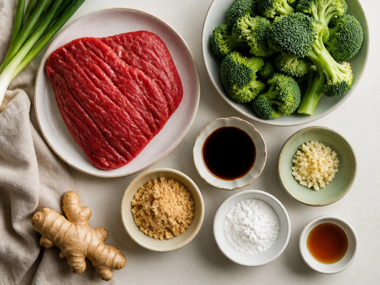 Fresh ingredients for beef and broccoli arranged in bowls