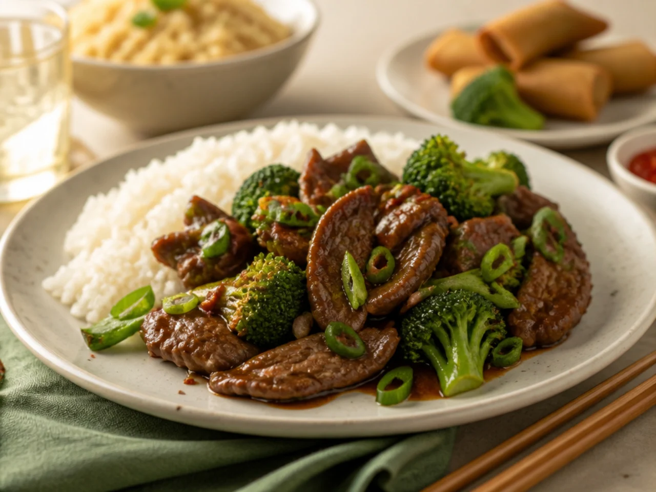 beef and broccoli served with steamed jasmine rice, fried rice, lo mein or egg rolls