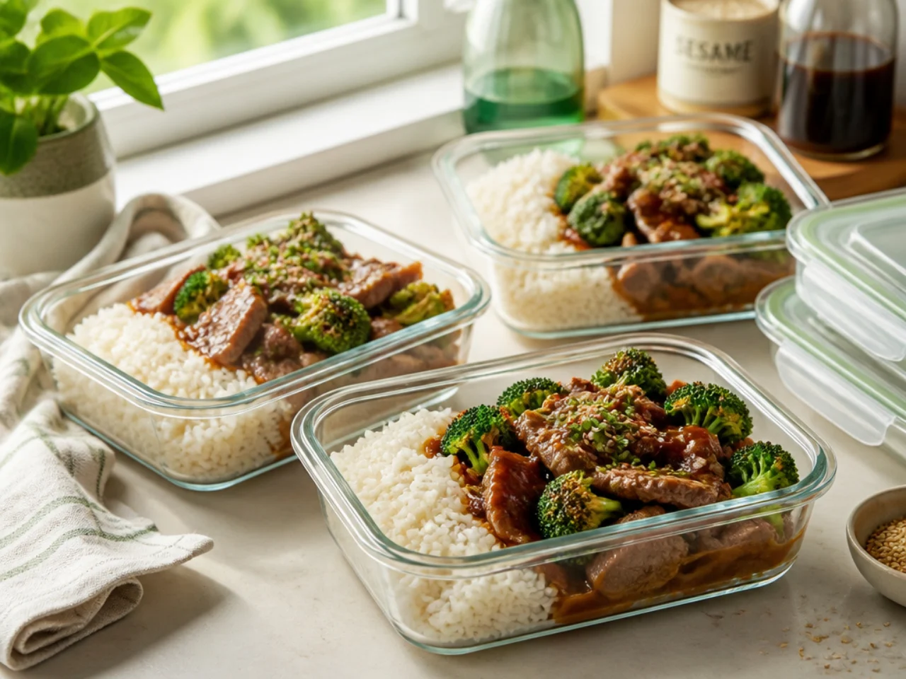 Make-ahead storage of beef and broccoli in containers